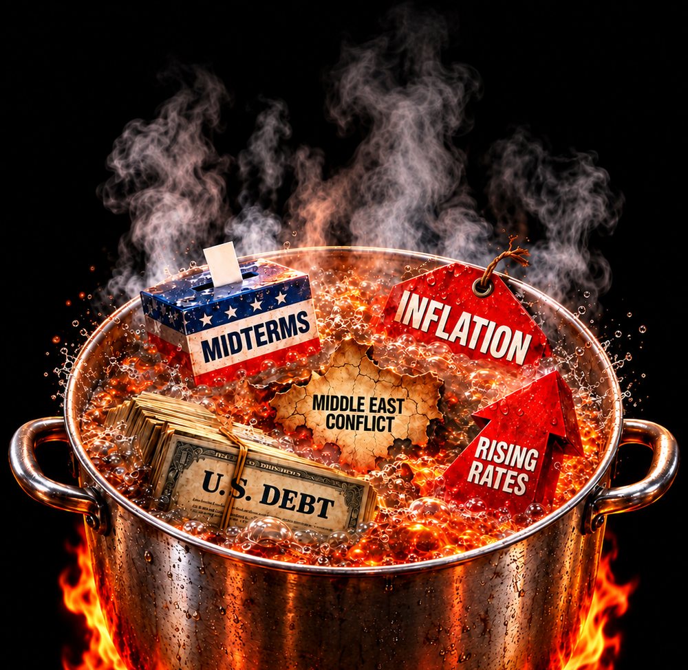 A boiling pot labeled Midterms, Inflation, Middle East Conflict, U.S. Debt and Rising Rates